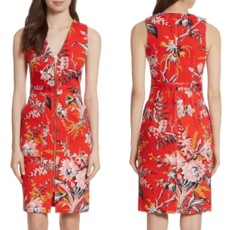 Diane Von Furstenberg Floral Zip Front Stretch Cotton Sheath Dress, Size 6